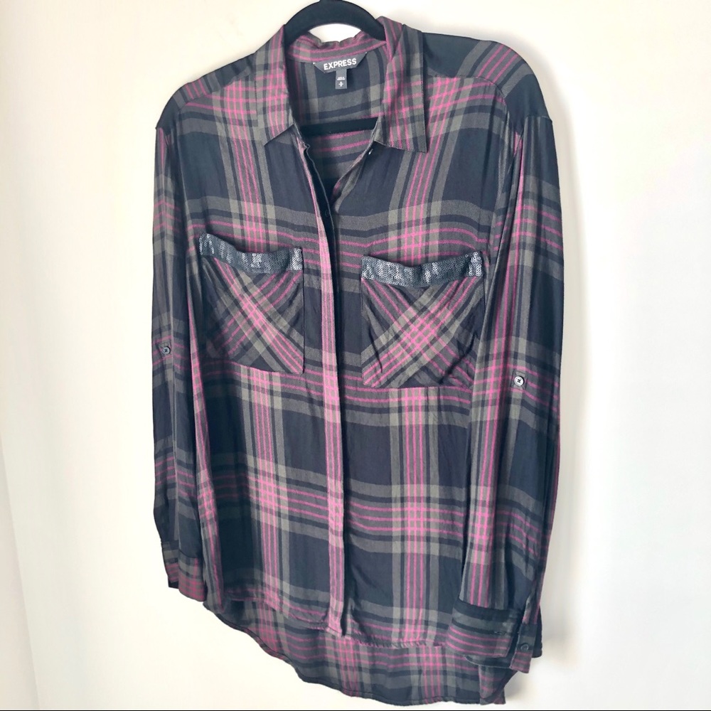 Express Plaid Buttonup Sequined Boyfriend Pockets Soft Rayon Medium